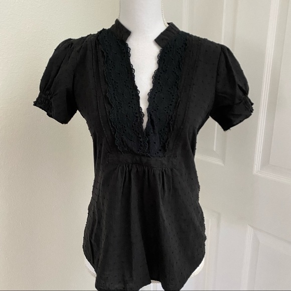 love on a hanger Tops - Love on a Hanger Black Swiss Dot Mock Neck Crochet Panel Front Blouse Sz Lg